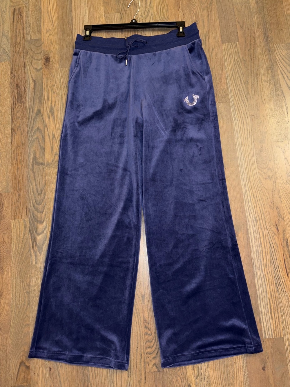 NWT True Religion Women Large Velour Rhinestone Track Pants Wide Straight Leg
